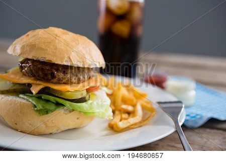Close up of hamburger and french fries served in plate with drink in background
