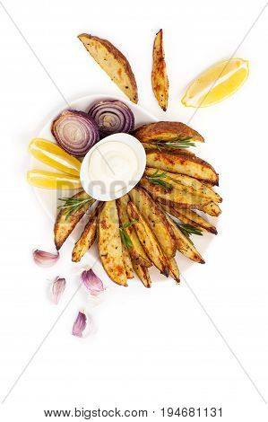 Baked Potatoes And Onion With Rosemary, Garlic And Aioli Sauce On A White Background..