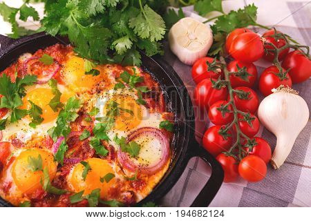 Shakshuka. Traditional Israeli Cuisine. Fried Eggs With Vegetables
