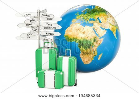 Nigeria travel concept. Suitcases with Nigerian flag signpost and Earth globe. 3D rendering