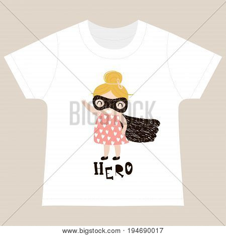 T-shirt kids print template. Baby girl hero charachter.Vector Illustration