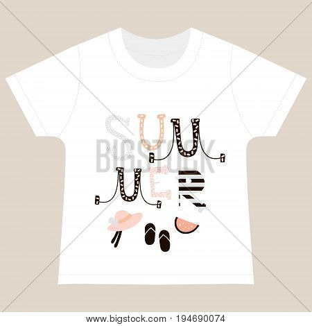 T-shirt kids print template. Summer text mde with creative letters. Vector Illustration