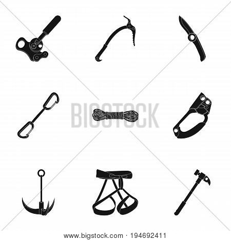 Ice ax, conquered top, mountains in the clouds and other equipment for mountaineering.Mountaineering set collection icons in black style vector symbol stock illustration .