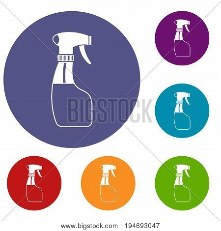 Spray icons set in flat circle reb, blue and green color for web