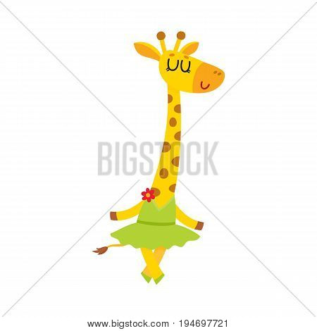 Happy cute little giraffe character, ballet dancer in tutu skirt, cartoon vector illustration isolated on white background. Little giraffe baby animal, ballet dancer, ballerina in tutu