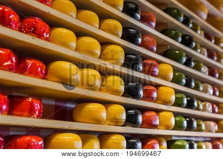 Cheese shop in Gouda Netherlands - food background