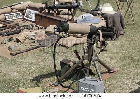 Sandhurst, Uk - 18Th June 2017: Vintage Toned Shot Of A Water Cooled Vickers Machine Gun And Other S