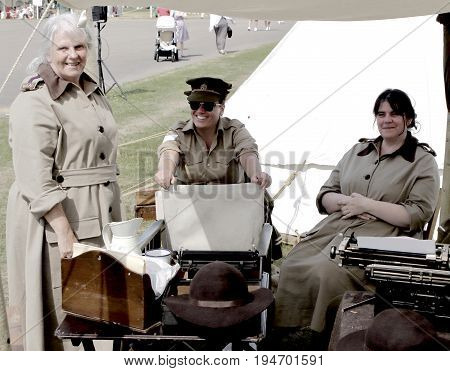 Sandhurst, Uk - 18Th June 2017: Vintage Toned Shot Of Enthusiasts In Ww2 Female Period Costume At A
