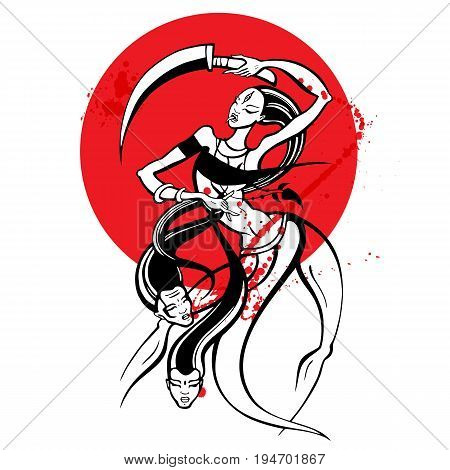 Kali. Hindu Goddess of Time, Creation, Destruction and Power. Dancing woman in traditional ethnic style. Vector Hand drawn Illustration.