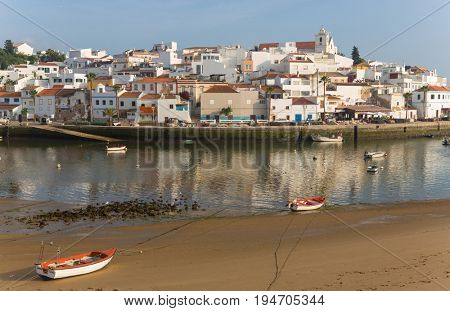 FERRAGUDO, PORTUGAL - APRIL 24, 2017: Picturesque view of Ferragudo fishing village in Algarve, Portugal