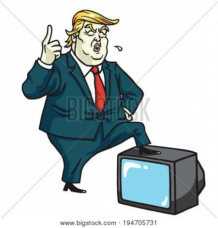 Donald Trump with Television. Cartoon Caricature Vector Illustration. July 10, 2017