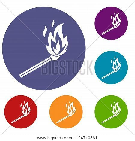 Match flame icons set in flat circle reb, blue and green color for web
