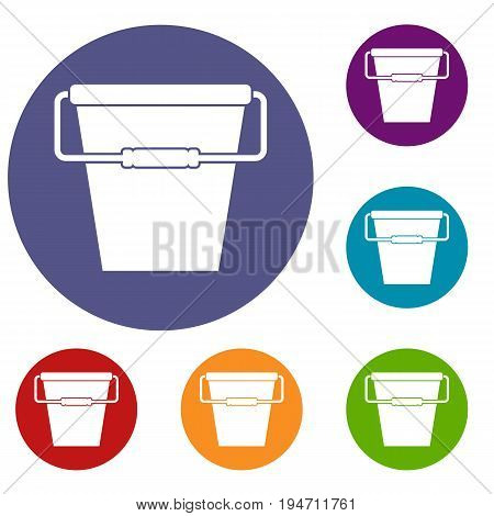 Empty bucket icons set in flat circle reb, blue and green color for web