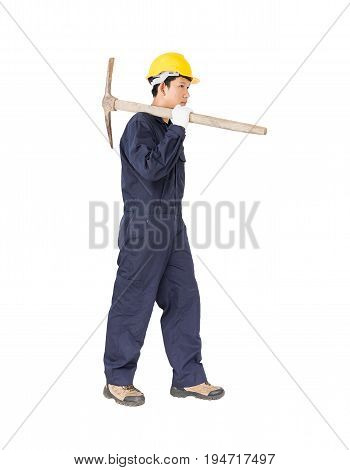 Man In Uniform Hold Old Pick Mattock That Is A Mining Device