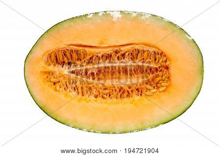 Half hamigua melon is wrapped by plastic film for protection isolated on white background.
