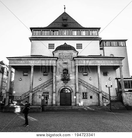 STUTTGART GERMANY - MARCH 18 2016: Gustav-Siegle-Haus is a music venue. Black and white. The building was completed in 1912 by architect Theodor Fischer.