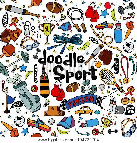 Vector illustration Sport and fitness seamless doodle patternseamless background doodle .Vector hand drawn illustration.