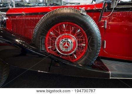 STUTTGART GERMANY- MARCH 17 2016: Fragment of grand touring car Mercedes-Benz 500K (W29) Cabriolet C 1934. Europe's greatest classic car exhibition 