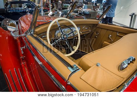 STUTTGART GERMANY- MARCH 17 2016: Cabin of a luxury car Mercedes-Benz Typ 290 Roadster (W18) 1935. Europe's greatest classic car exhibition 