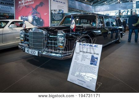 STUTTGART GERMANY- MARCH 17 2016: Full-size luxury car Mercedes-Benz 600 Pullman (W100) 1971. Europe's greatest classic car exhibition 