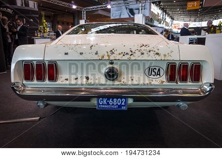 STUTTGART GERMANY - MARCH 17 2016: High performance Ford Mustang variant Boss 429 1969. Rear view. Europe's greatest classic car exhibition 