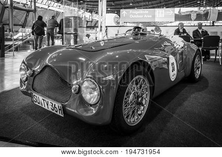 STUTTGART GERMANY - MARCH 17 2016: Sports car based on the Fiat Topolino A body Barchetta Corsa 1950. Black and white. Europe's greatest classic car exhibition 