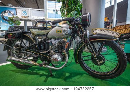STUTTGART GERMANY - MARCH 17 2016: Motorcycle DKW Block 200 1933. Europe's greatest classic car exhibition 