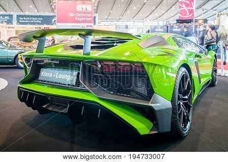 STUTTGART GERMANY - MARCH 17 2016: Mid-engined sports car Lamborghini Aventador LP 750-4 SuperVeloce 2016. Rear view. Europe's greatest classic car exhibition 