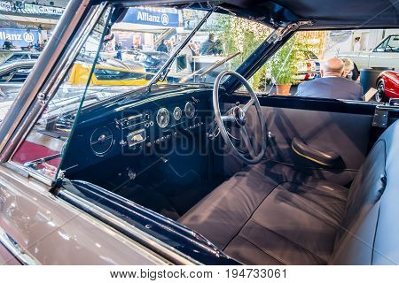 STUTTGART GERMANY - MARCH 17 2016: Cabin of luxury car Hotchkiss Anjou 2050 Cabriolet by Worblaufen 1950. HDRi. Europe's greatest classic car exhibition 