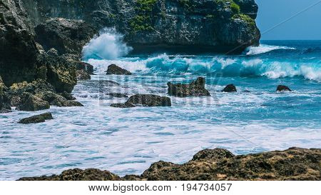Ocean Waves on Tembeling Coastline at Nusa Penida island, Bali -Indonesia