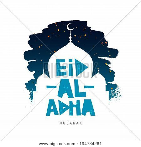 Eid Al Adha Mubarak. Kurban-bairam. Islamic festival of sacrifice. Vector illustration on a white background with a smear of ink blue and confetti. A great holiday gift card.