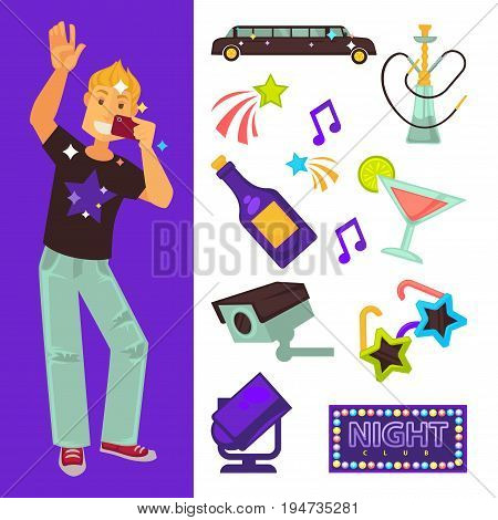 Night club party flat icons. Vector set of boy dancing and singing in microphone on dance floor, fashion limousine car, sunglasses or cocktail drink and music disco ball hookah shisha