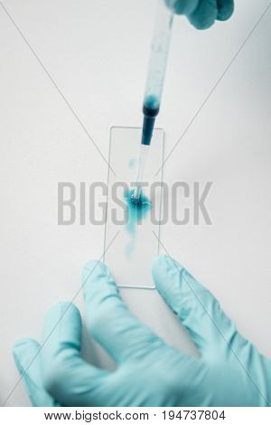 Cropped Shot Of Scientist Working With Reagent And Glass Microscope Slide In Lab