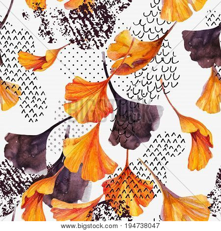 Abstract watercolor seamless pattern in autumn colors. Drawing of ginkgo leaves ink doodle grunge water color paper textures. Floral background for fall design. Hand painted illustration