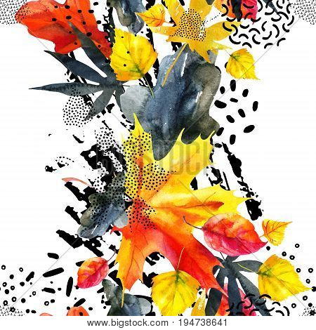 Abstract fall seamless pattern in bright autumn colors. Watercolor graphic painting of falling leaves ink doodle grunge textures. Floral background for fall design. Hand drawn illustration