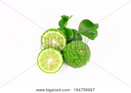 Kaffir lime and kaffir lime leaf on white background