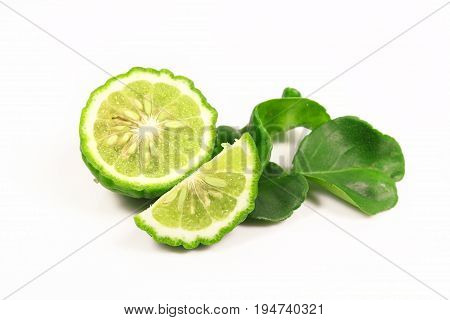 Kaffir lime and kaffir lime leaf on white background
