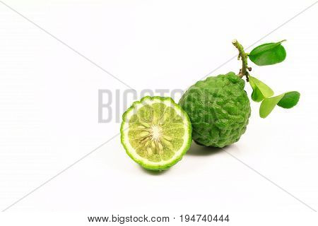 Kaffir lime and kaffir lime leaf on white background