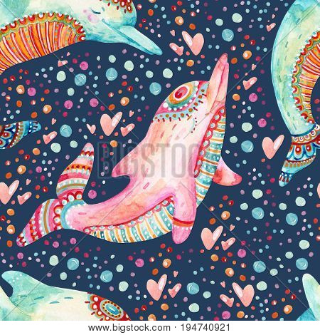 Watercolor lovely dolphins seamless pattern on background with bubbles. Childish mammals in cartoon style. Hand painted cute animal illustration