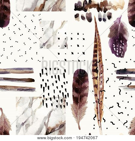 Abstract watercolor background : brush stroke doodle marbling grunge paper texture. Water color marble painting bird feather ink scribble seamless pattern. Hand painted minimalistic illustration