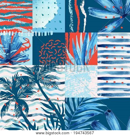 Watercolor tropical summer seamless pattern. Palm trees and leaves painting doodles grunge and watercolour textures in squares. Hand painted vivid illustration. Water color exotic background.