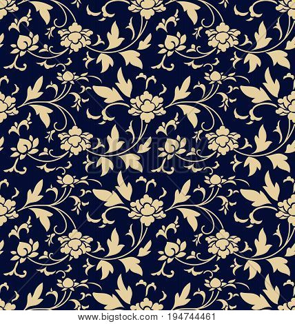 Seamless Background Retro Navy Blue Botanic Garden Flower Vine Chintz