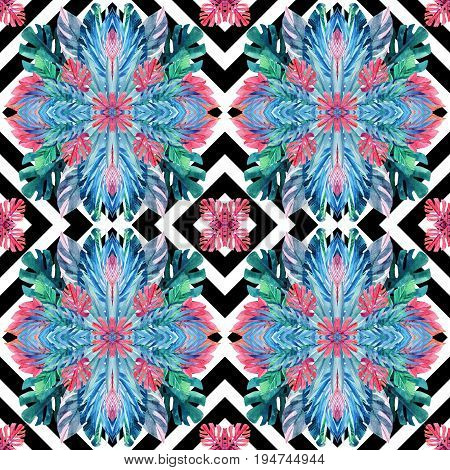 Watercolor tropical leaves symmetric arrangement on geometrical background. Symmetrical mirrored water color exotic floral seamless pattern. Hand painted colorful natural illustration