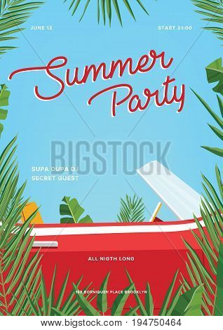 Summer party poster. Trendy vertical placard with classic retro car, palm leaves and blue sky. Colorful vector illustration