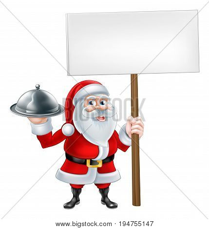 A Christmas cartoon illustration of Santa Claus holding a sign board and silver food platter plate