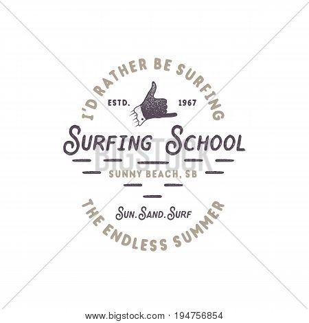 Surfing school vintage emblem. Retro logo design with shaka sign and typography elements. Stock vector isolated on white style background.
