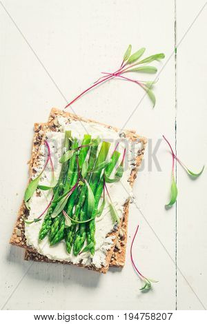 Top View Of Sandwich With Asparagus And Fromage Cheese