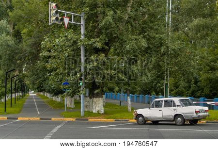 Kazakhstan, Ust-Kamenogorsk, july 5, 2017: One of the streets of the city, pedestrian crossing
