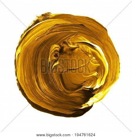 Acrylic Circle Isolated On White Background. Yellow, Gold Round Watercolor Shape For Text. Element F