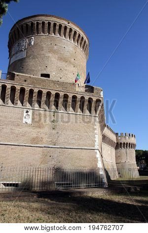 OSTIA ANTCA ITALY - JULY 2 2017: Castle of Julius II built in 1483 the fortress served as the seat of the Papal Custom Houses which regulated the payment of excise on goods arriving in Rome by sea
